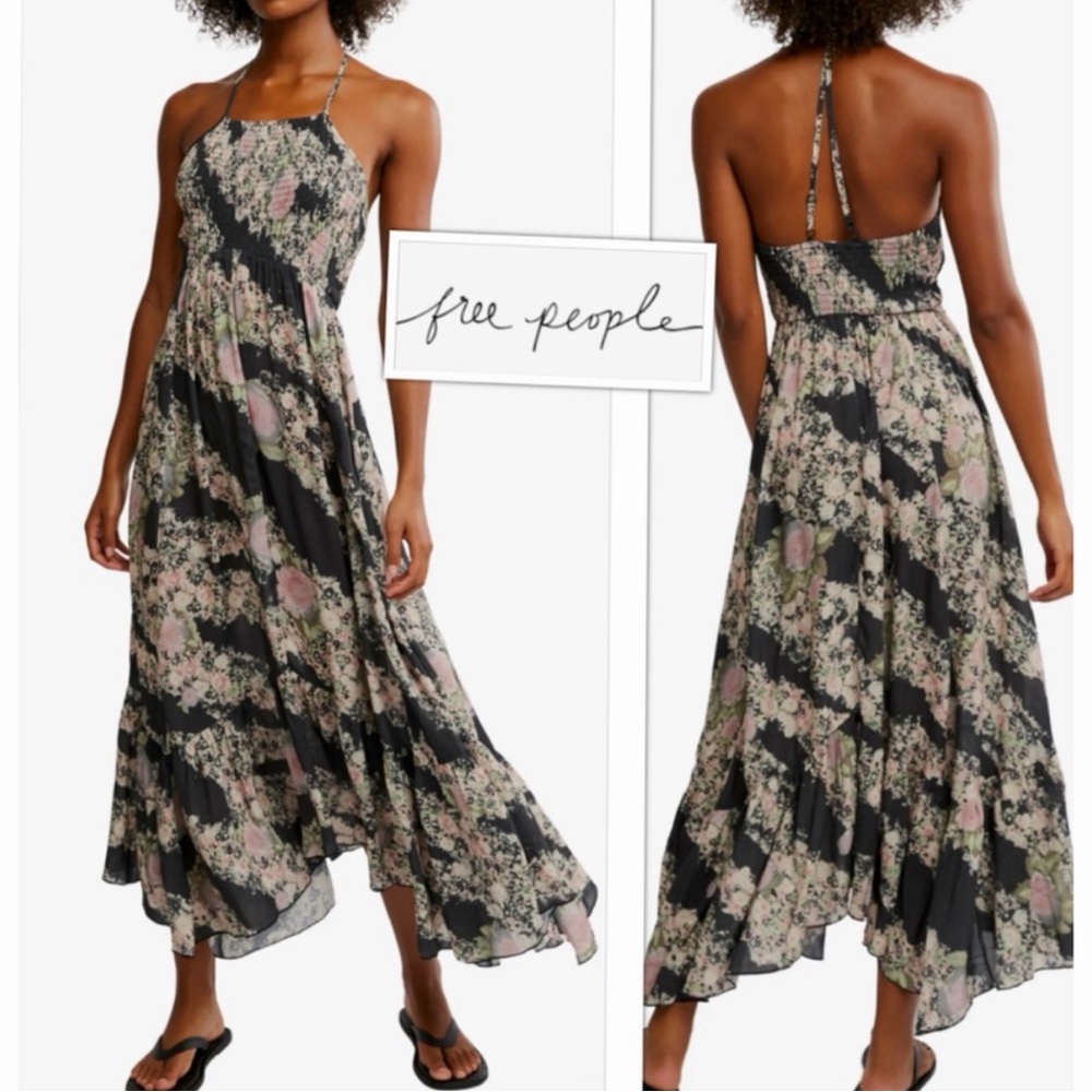Free People Heat Wave Halter Floral Dress - Black and Pink NWT